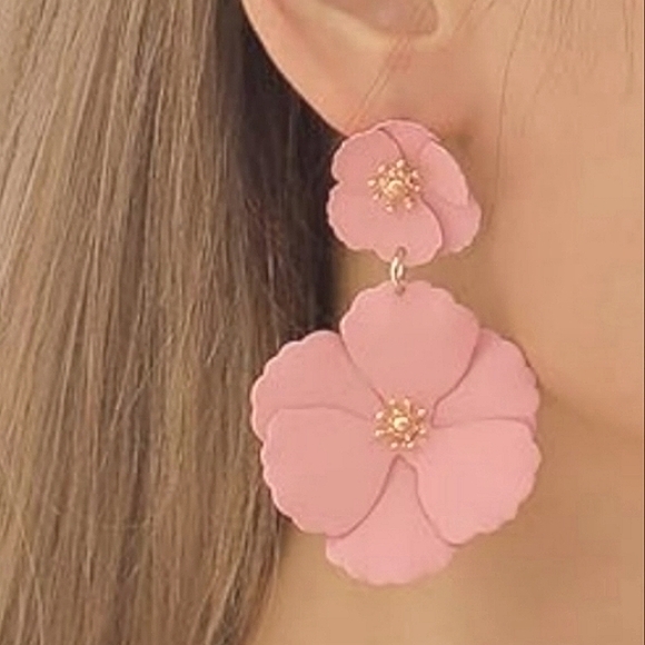 Pink Double Flower Blossom Post Earrings 2.5" Big Floral Blossoms Flowers New - Picture 7 of 8